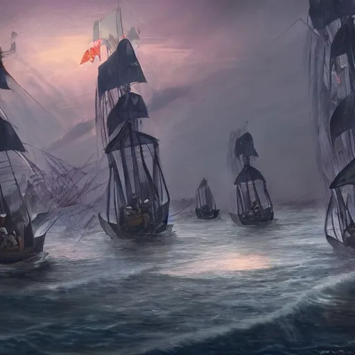 Image similar to knights dismounting off their sailing attackship to invade a moderate sized village, dusk, cinematic, concept art, slight fog, high detail, wide shot, dynamic lighting, sharp focus, high resolution