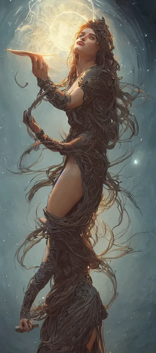 Prompt: a witch casting a spell, sci-fi, face, long hair, fantasy, intricate, elegant, highly detailed, digital painting, artstation, concept art, smooth, sharp focus, illustration, art by artgerm and greg rutkowski and alphonse mucha