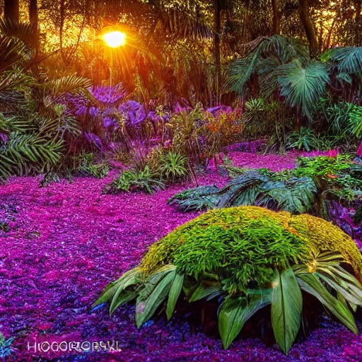 Image similar to an enchanted forest full of beautiful tropical flowers, with a sunset, by alex horley, bokeh photography, amaranth colour