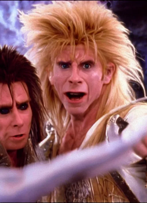 Image similar to a still from Labyrinth (1986) of Jareth intensely punching a goblin to death
