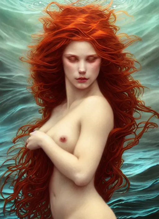 Image similar to goddess of the ocean!! portrait of a seductive redhead queen in underwater murky light, wind blown hair! fantasy esoteric, closeup, d & d, fantasy, intricate, elegant, highly detailed, digital painting, artstation, concept art, matte, sharp focus, illustration, art by artgerm and tom bagshaw and greg rutkowski and alphonse mucha