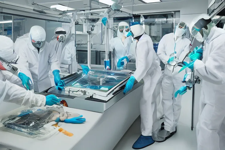 Image similar to alien species autopsy in a cleanroom covered in alien diagrams