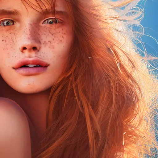 Image similar to beautiful serene intricate portrait of a cute thin young woman, red blush, cute freckles, smug smile, modern clothes, relaxing on the beach, golden hour, close up shot, soft focus, 8 k, art by irakli nadar, hyperrealism, hyperdetailed, ultra realistic