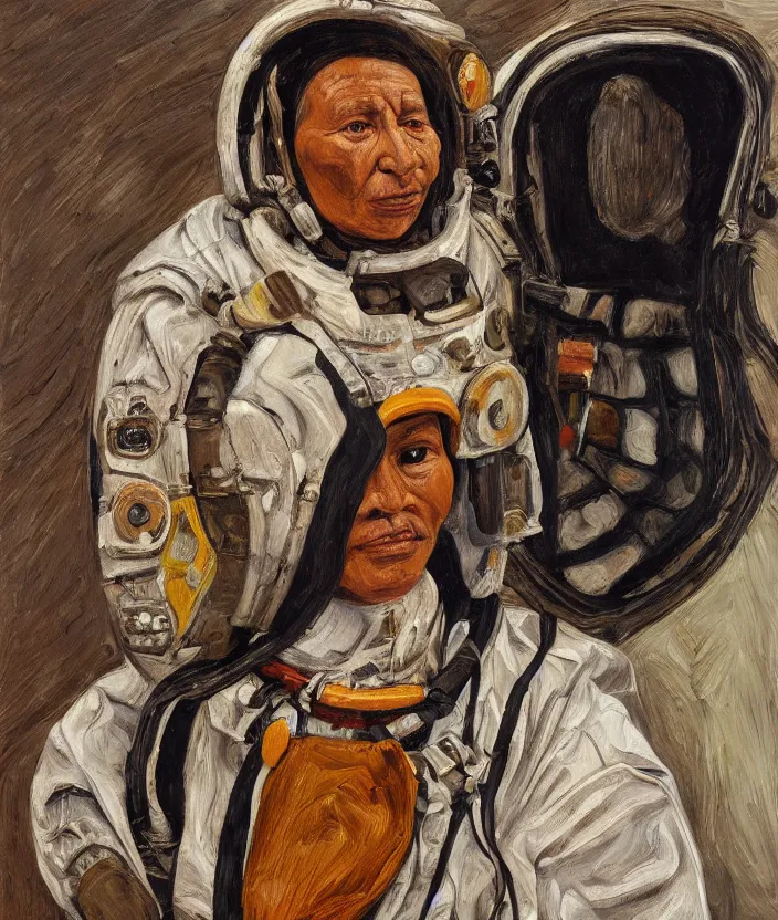 Image similar to indigenous woman with astronaut helmet, painted by lucian freud, hd, super detailed, realistic, muted colors