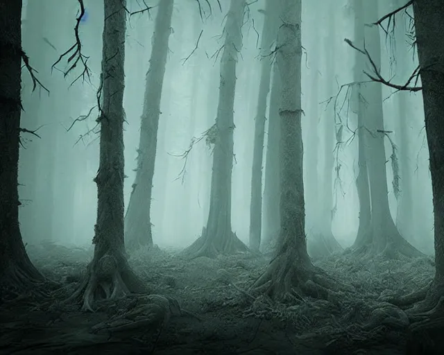 Prompt: an epic action concept masterpiece of a forest made of skeletons, inspired by sd ai. horrific digital art, extremely moody lighting