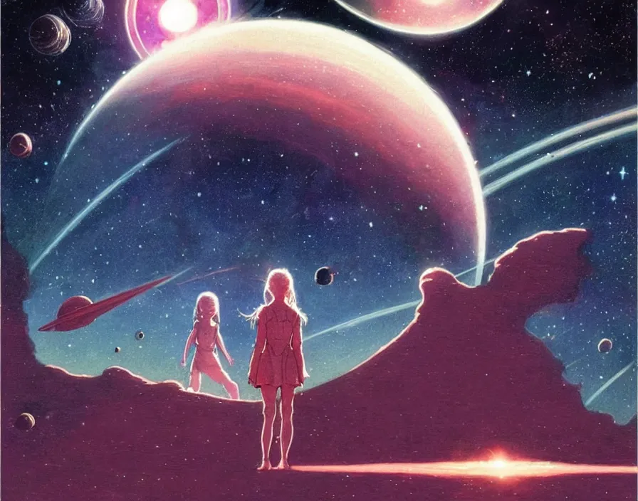 Image similar to illustrated by moebius and greg rutkowski, romantic!!! space scene!! with standing young girl!!!!, orbit of earth!, futuristic orbital station!!!!, nebulae!!, starry sky!!, rule of third!!!!, vintage cover of sci - fi magazine, cinematic!!