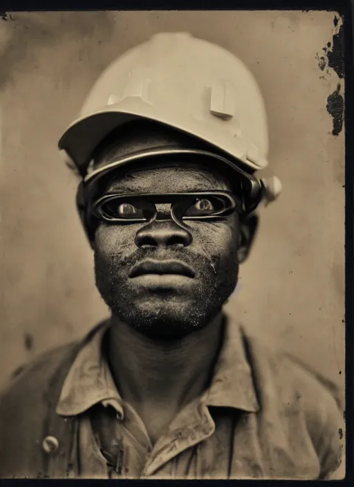 Prompt: dreamy close up portrait of a congolese mine worker with safety glasses, photo realistic, elegant, award winning photograph, parallax, cinematic lighting, ambrotype wet plate collodion by martin shuller, richard avedon dorothe lange and and shane balkowitsch