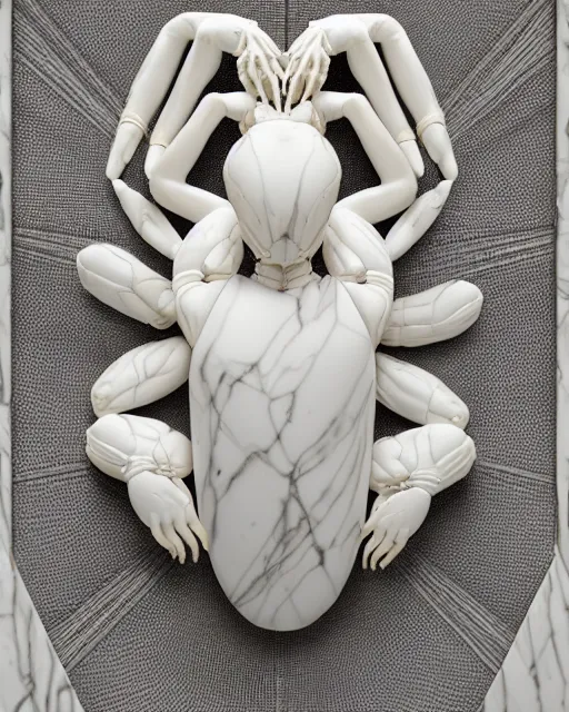 Prompt: symmetry, white marble bas relief sculpture of a white marble crab woman made of white marble crabs and spiders and scorpions, white marble with interacte gold wire inlay, art nuevo, octane, 8 k, hdr, art by hr geiger and ridley scott and alphonse mucha, trending on artstation