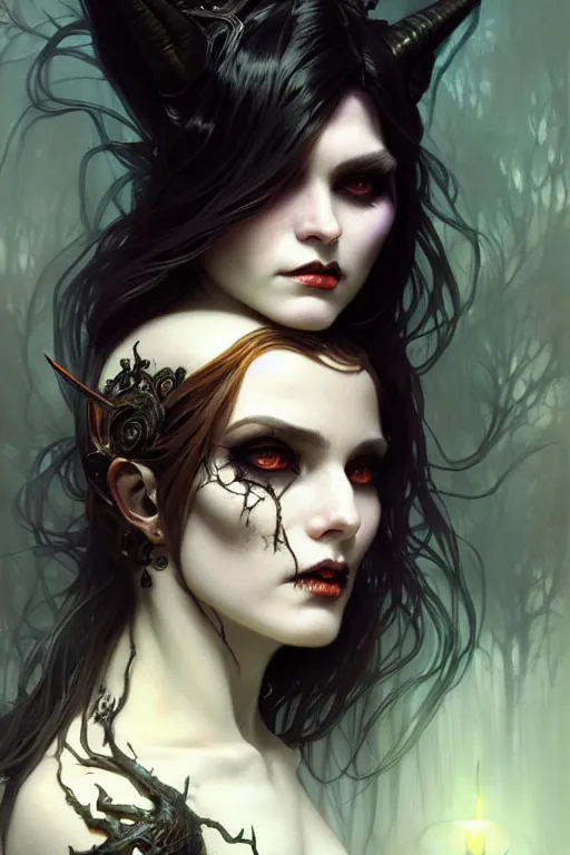 Image similar to halloween witch woman, fantasy magic, undercut hairstyle, intricate, elegant, sharp focus, illustration, highly detailed, digital painting, concept art, matte, art by wlop and artgerm and greg rutkowski and alphonse mucha, masterpiece