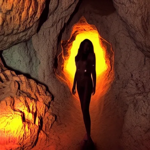 Prompt: beautiful mysterious women in dark cave, dmt composition