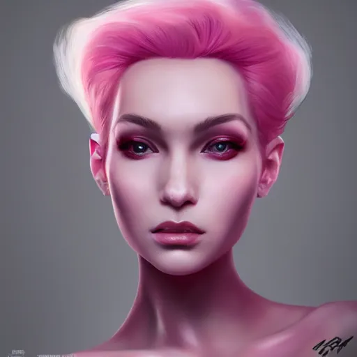 Image similar to a portrait of a beautiful woman with pink hair insane quality, elegant, highly detailed, digital painting, artstation, concept art, pop, smooth, sharp focus, illustration, art by dali 3 d 8 k ultra detailed