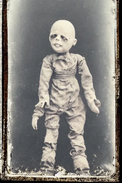 Image similar to dirty cracked crying vintage evil bald doll no mouth sitting in dirt basement cobwebs tintype photo