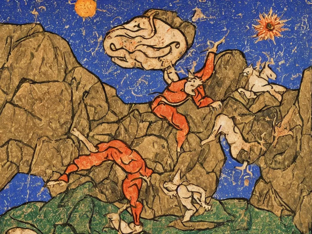 Image similar to Man pushing a giant strange jagged boulder. Unicorn with flower field, icy mountains, comet. Illuminated medieval manuscript painting.