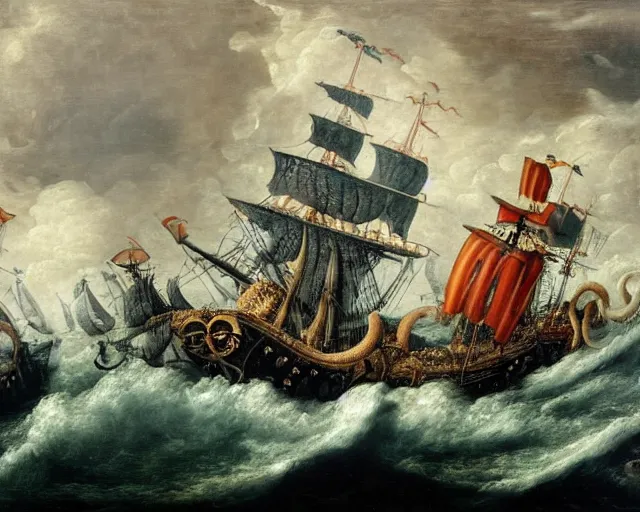 Image similar to a 16th century galleon warship being attacked by the kraken with huge octopus tentacles on the stormy seas with huge waves. The air is choked with cannon fire and smoke. oil painting on canvas, masterpiece, ultra high intricate detail, cinematic