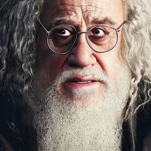 Image similar to danny devito starring as gandalf the white in the 2 0 2 4 lord of the rings movie, full body, hyper realistic, high quality, wide angle, always sunny in philadelphia