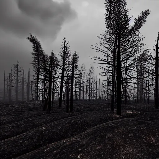 Prompt: Burnt forest of skeleton trees underneath a raging thunderstorm. 4K. Unreal engine. HD. Highly detailed.