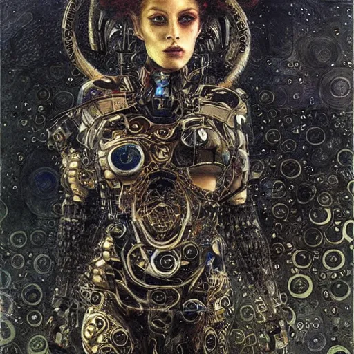 Image similar to cybernetic female supersoldier armed with laser rifle battling demon, intricate detail, klimt, royo, whealan,