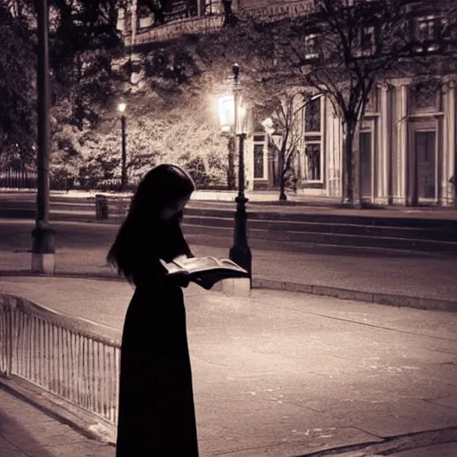 Prompt: a girl reading book, hair flowing down, city park, street lights, contrast, dramatic, by Edouard Bisson