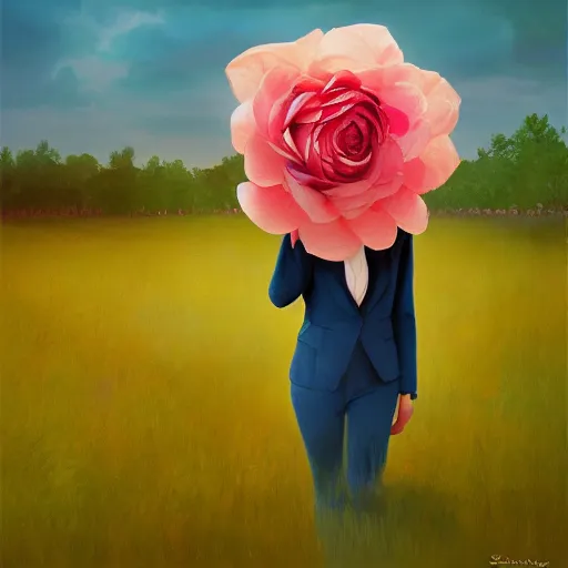 Image similar to portrait, giant rose flower head, girl walking in a suit, surreal photography, sunrise, blue sky, dramatic light, impressionist painting, digital painting, artstation, simon stalenhag