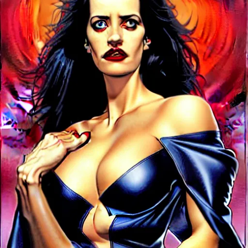 Prompt: Joe Jusko comic art, wide shot, stunning elegant female Eva Green, Indigo Magician, beautiful evil sneer, symmetrical face, symmetrical eyes, leather clothing and boots, long straight red hair, full body, Indigo occult pattern