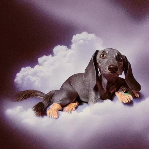 Prompt: an elderly, grey wire-haired dachshund floating in heaven, blue sky, surrounded by beautiful white clouds, with a halo over his head