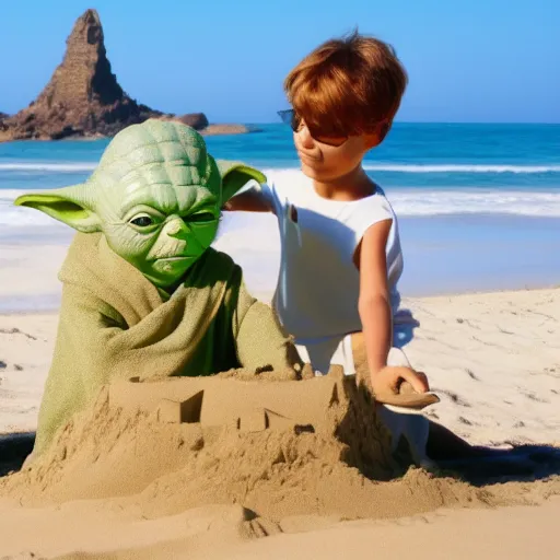 Image similar to Yoda building a sand castle on the beach