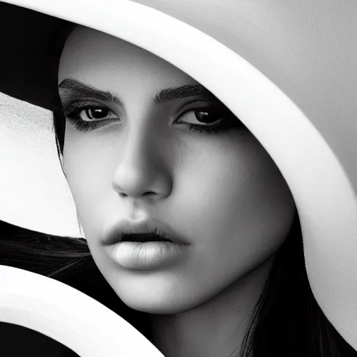 Image similar to black and white centered close-up of fashion model girl in wide white hat, hyperrealism
