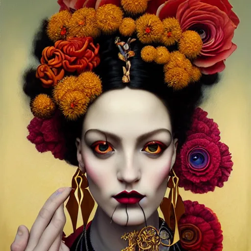 Prompt: dynamic composition, a painting of a woman with hair of flowers and raven plummage wearing ornate earrings, a surrealist painting by tom bagshaw and jacek yerga and tamara de lempicka and jesse king, featured on cgsociety, pop surrealism, surrealist, dramatic lighting, wiccan, pre - raphaelite, ornate gilded details