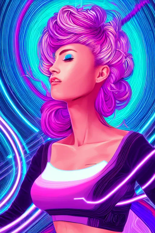 Image similar to a award winning half body portrait of a beautiful woman in a croptop and cargo pants with ombre purple pink teal hairstyle surrounded by whirling illuminated lines, outrun, vaporware, shaded flat illustration, digital art, trending on artstation, highly detailed, fine detail, intricate