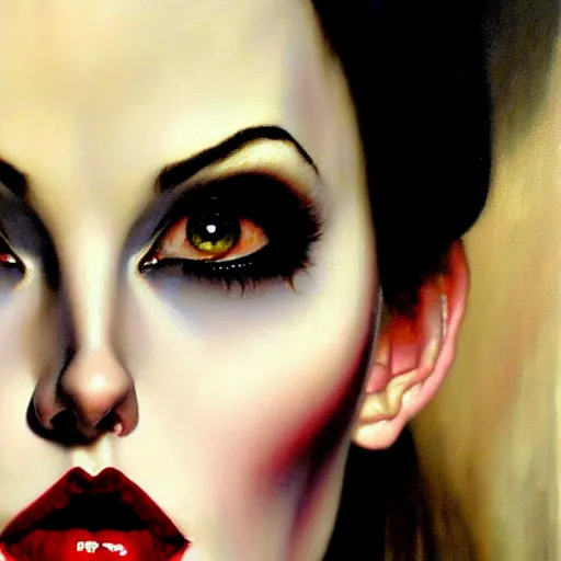 Image similar to close up face of a extremely beautiful bond female vampire portrait, Masterpiece, oil on canvas, artgerm, norman rockwell, craig mulins, trending on pxiv,