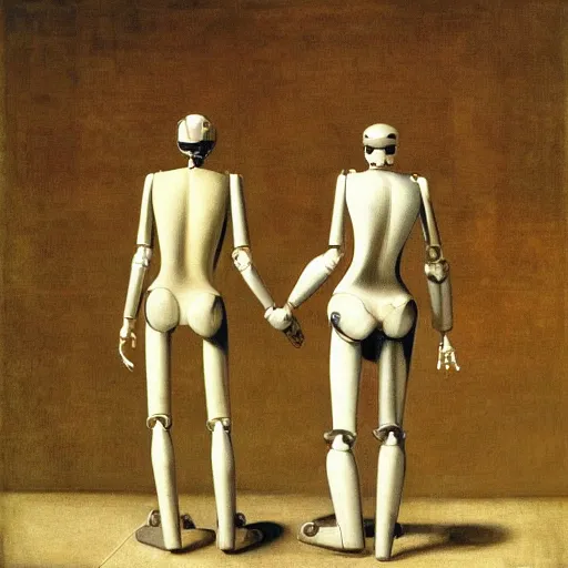 Prompt: robots holding hands by caravaggio