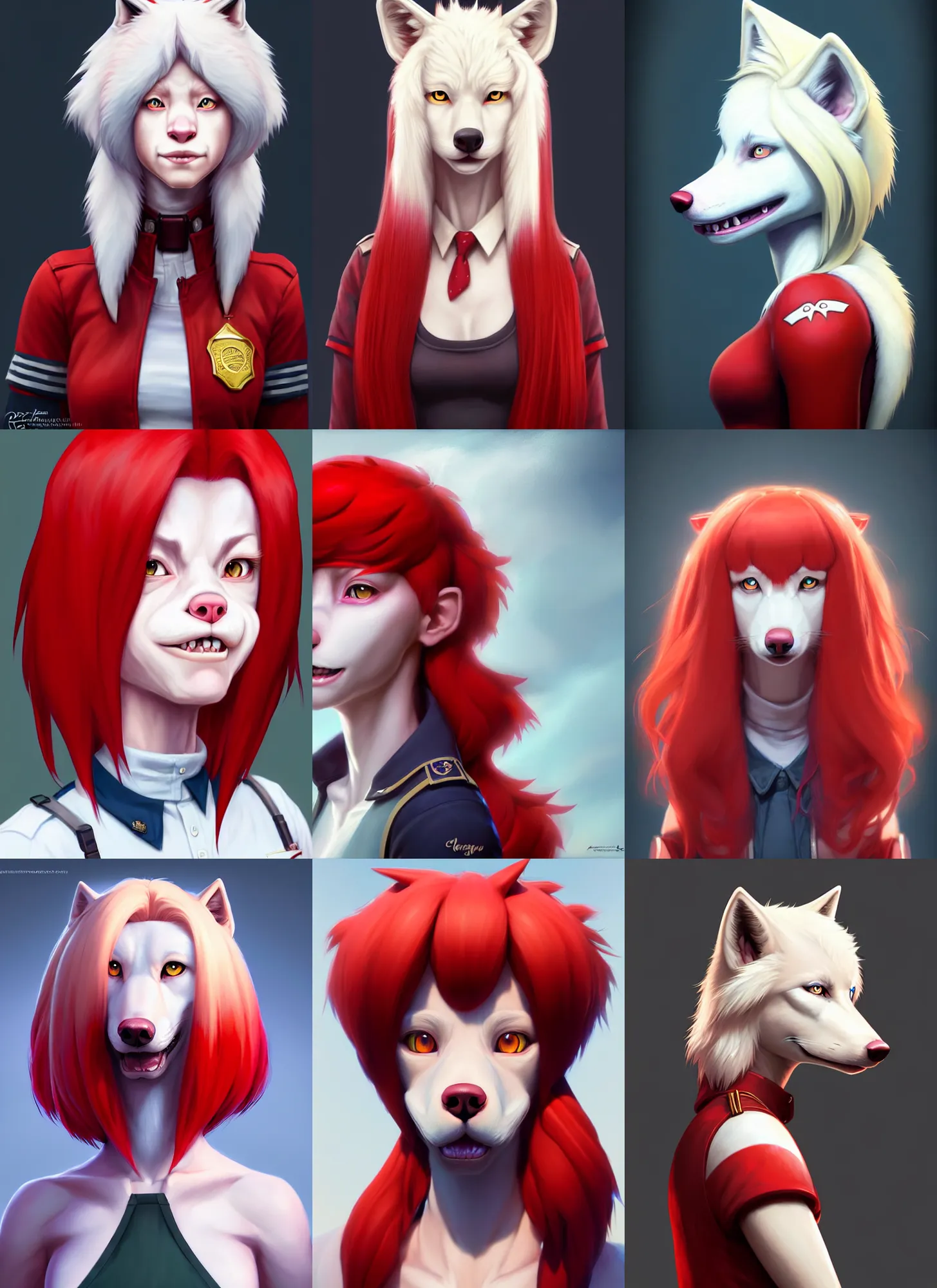 Prompt: beautiful portrait of a female anthropomorphic albino wolf fursona state trooper wearing a red wig. character design by disney, charlie bowater, ross tran, artgerm, and makoto shinkai, detailed, soft lighting, rendered in octane
