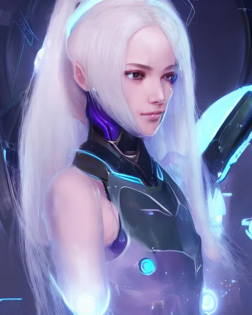 Image similar to perfect android girl, warframe armor, beautiful face, scifi, futuristic, galaxy, nebula, bae suzy, dreamy, long white hair, blue cyborg eyes, cinematic lighting, highly detailed, very cute, focused, artstation, divine, by gauthier leblanc, kazuya takahashi, huifeng huang, jama jurabaev