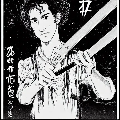 Image similar to 22 year old Frank Zappa golden Vagabond magic swordsman glides through a beautiful battlefield magic the gathering dramatic esoteric!!!!!! pen and ink!!!!! illustrated in high detail!!!!!!!! by Hiroya Oku!!!!! Written by Wes Anderson graphic novel published on shonen jump 2002 award winning!!!!