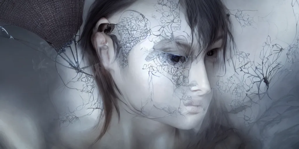 Image similar to hyper realistic photography of a stunningly cyborg female, intimate, holding hands, kissing, delicate fan of blades, in the style of beth cavener, jin kagetsu,, and wlop, highly detailed, intricate filigree, chrome face symmetry, masterpiece, award - winning, sharp focus, concept art, high key, ambient lighting, 8 k, octane render,
