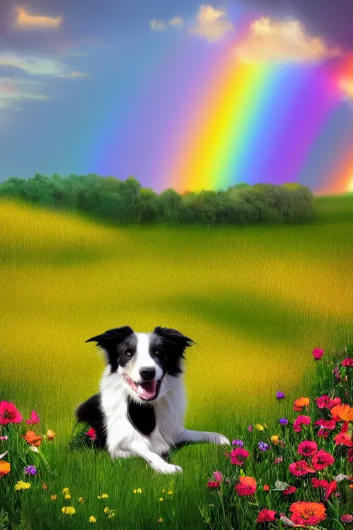 Prompt: A border collie sitting in a beautiful flower meadow with a rainbow in the sky above matte painting