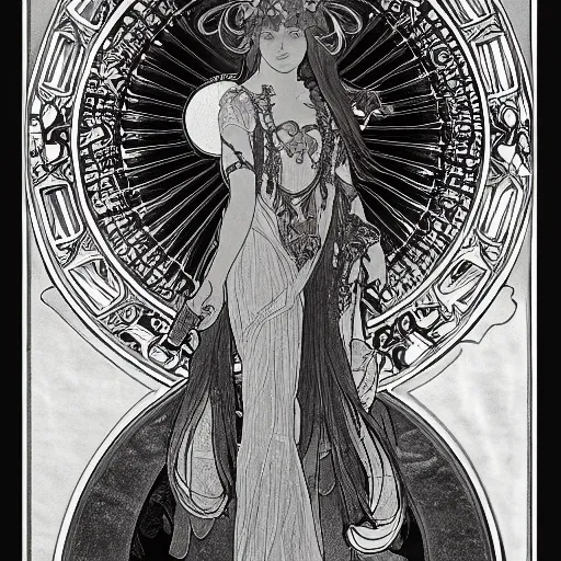 Prompt: a finely detailed beautiful!!! feminine alchemical engraving of The Baphometress by Alphonse Mucha, legendary masterpiece, stunning!, saturated colors, black background, full body portrait, zoomed out to show entire image, trending on ArtStation