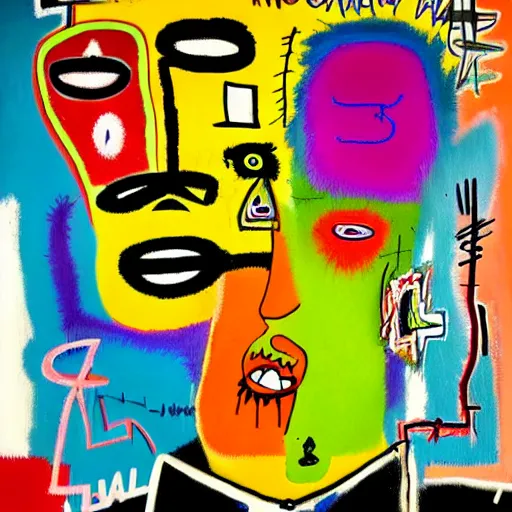 Image similar to colorful odd colors detailed abstract neo expressionism chaotic oil painting of sad boy business man depressed with tattoos by basquiat