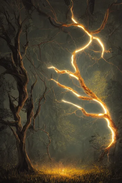 Image similar to a tree with lightning leaves, overexposure, electricity, night, unreal engine, digital art, 8 k, oil painting, fantasy art, illustration, detailed and intricate environment