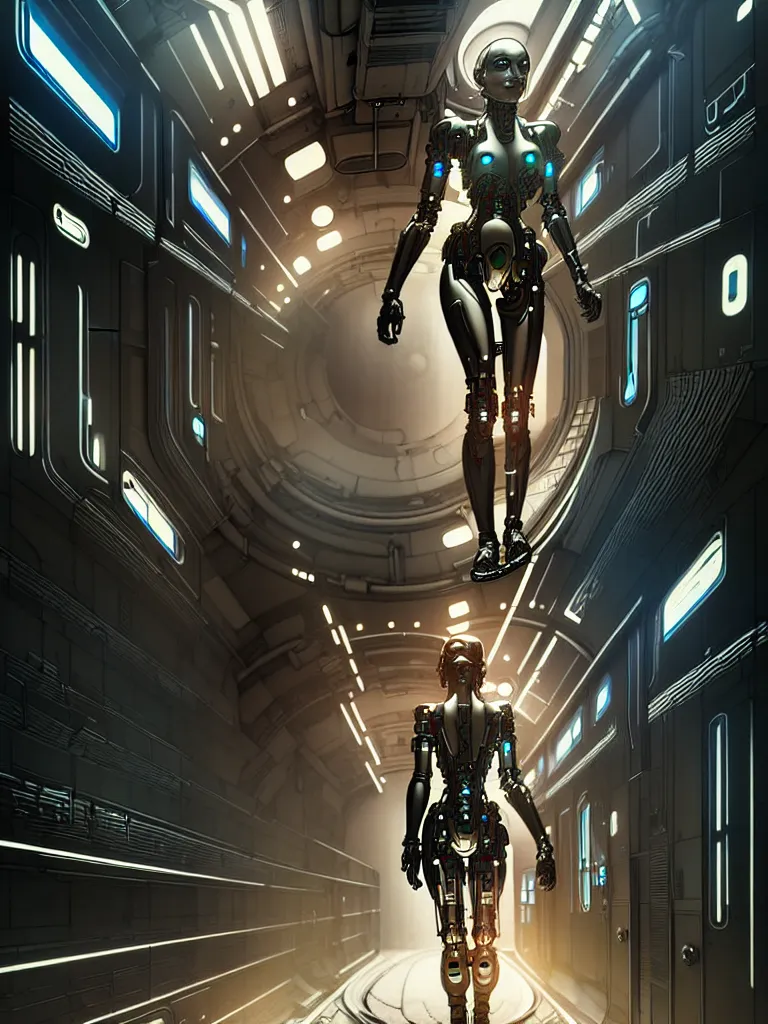 Image similar to ultra realistic, beautiful female cyborg walking down a hallway, in a space metropolis, sci-fi, intricate details, eerie, highly detailed, octane render, 8k, art by artgerm and alphonse mucha and moebius