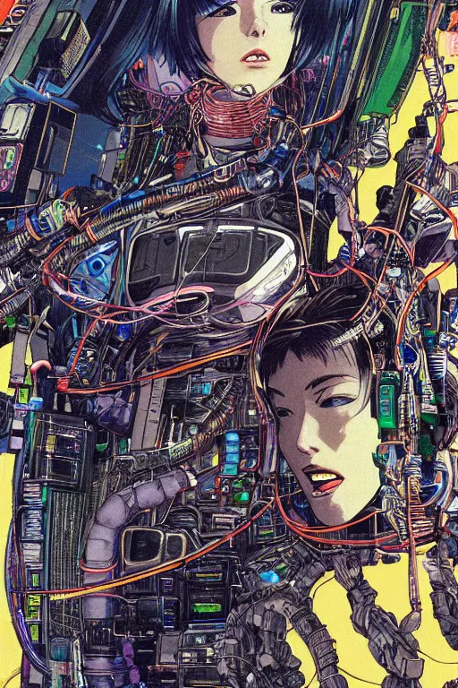 Image similar to an hyper-detailed cyberpunk illustration of a female android seated on the floor in a tech labor, seen from the side with her body open showing cables and wires coming out, by masamune shirow, and katsuhiro otomo, japan, 1980s, centered, colorful