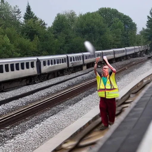 Image similar to man stops train and throws rocks to cars in the highway