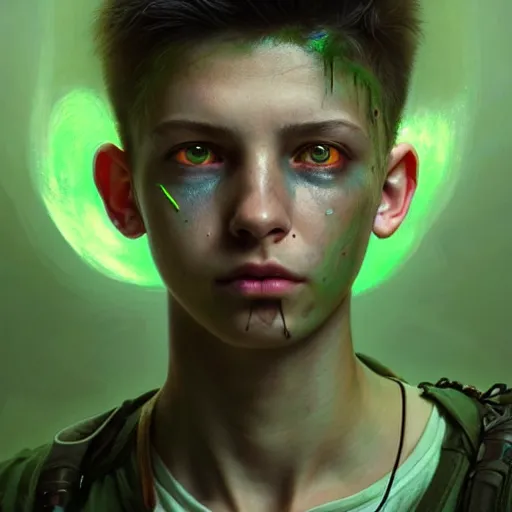 Prompt: portrait painting of a post - apocalyptic bald androgynous teenager with white eyes and a green aura around his head, ultra realistic, concept art, intricate details, eerie, highly detailed, photorealistic, octane render, 8 k, unreal engine. art by artgerm and greg rutkowski and charlie bowater and magali villeneuve and alphonse mucha