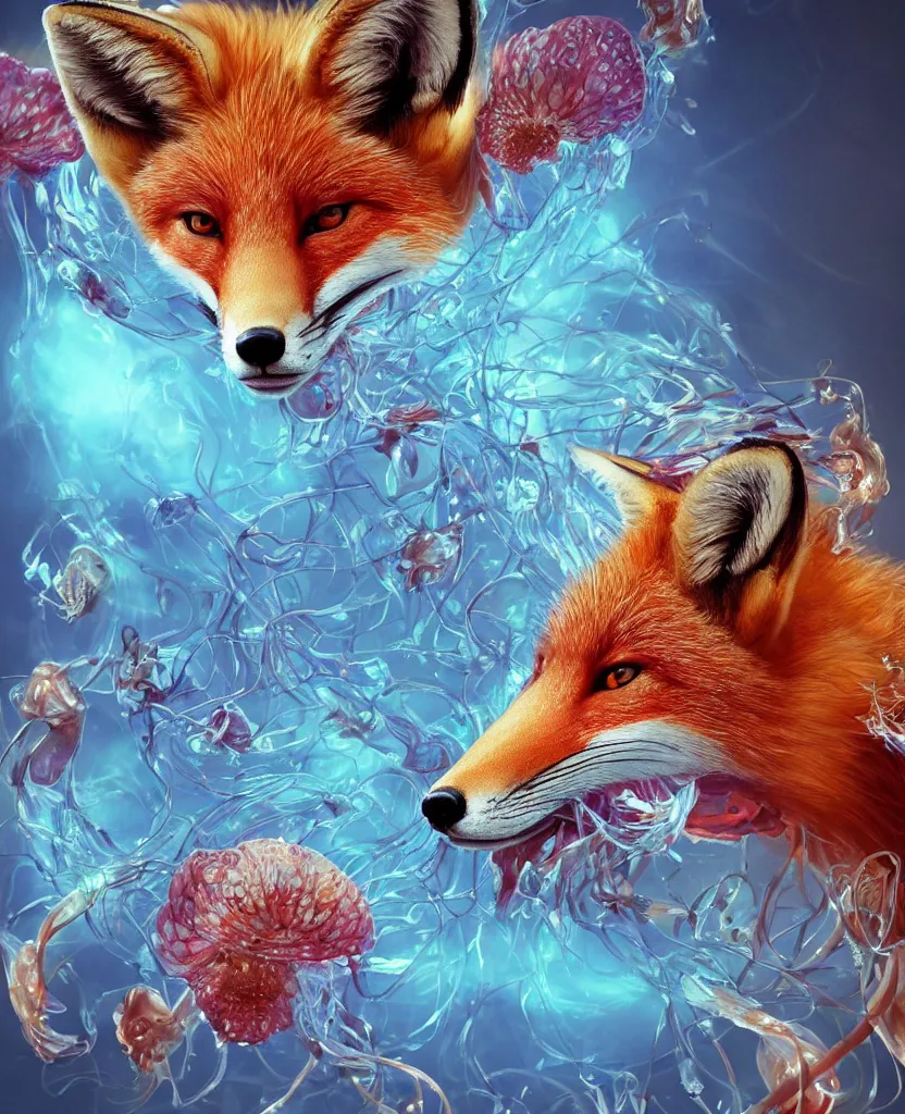 Image similar to close-up portrait of a beautiful fox in a twisted flowers orchid jellyfish mask surrounded by energy flow, epic angle and pose, symmetrical artwork, 3d with depth of field, blurred background, floating jellyfish skull phoenix bird, translucent, nautilus, energy flows of water and fire. a highly detailed epic cinematic concept art CG render. made in Maya, Blender and Photoshop, octane render, excellent composition, cinematic dystopian brutalist atmosphere, dynamic dramatic cinematic lighting, aesthetic, very inspirational, arthouse. y Greg Rutkowski, Ilya Kuvshinov, WLOP, Stanley Artgerm Lau, Ruan Jia and Fenghua Zhong