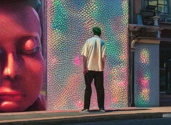 Image similar to people made of plastic and clay, neon advertisements, 3 d, exterior street, portrait face, dappled light, in the style of jeremy enecio, miles johnston, monet, cynical realism, yoshitaka amano, louise zhang, matt murphy, enes dirig, pekka halonen, finnish naturalism, realism