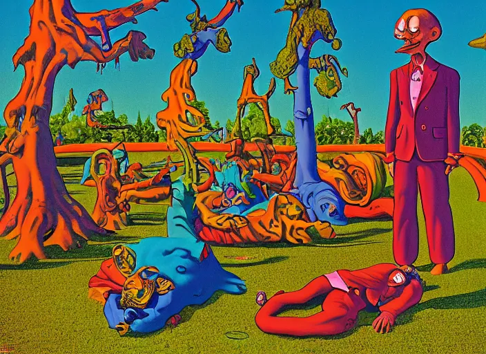 Image similar to dramatic color photo of dadcore occult wizards on vacation at pedroland park by basil wolverton by robert crumb by william eggleston by annie leibovitz, detailed and creepy, fujifilm velvia 5 0, color photography, sigma 2 8 mm