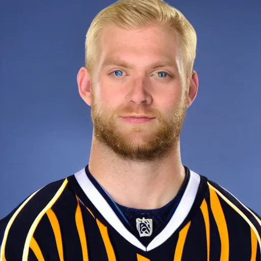 Prompt: tanner is a 3 1 year old anglo - canadian male ice hockey player. he has blond hair, blue eyes, and short facial hair. his studio headshot was taken in 2 0 0 5 by espn while wearing a buffalo sabres jersey.