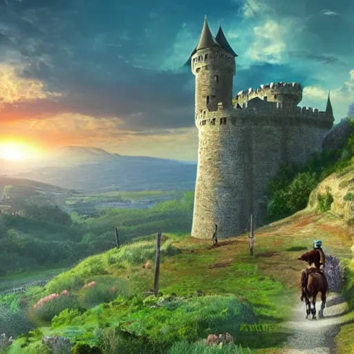 Prompt: a beautiful landscape with a castle, setting sun and a knight on horseback riding towards the viewer via a narrow winding path, epic sky, very realistic and colorful, realism, many details