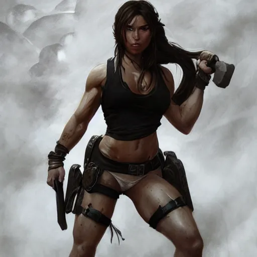 Image similar to lara croft as a female bodybuilder goth girl, fantasy, intricate, elegant, highly detailed, digital painting, artstation, concept art, matte, sharp focus, illustration, art by aenaluck and roberto ferri and greg rutkowski, epic fantasy, digital painting