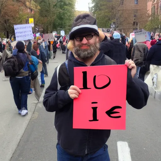 Prompt: a protesting man holding up a sign that says: I <3 Ducks